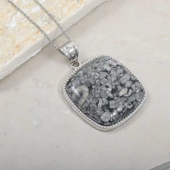 Square Genuine Fossil Jasper Gemstone Pendant in Silvertone with Stainless Steel - Picture 2 of 4
